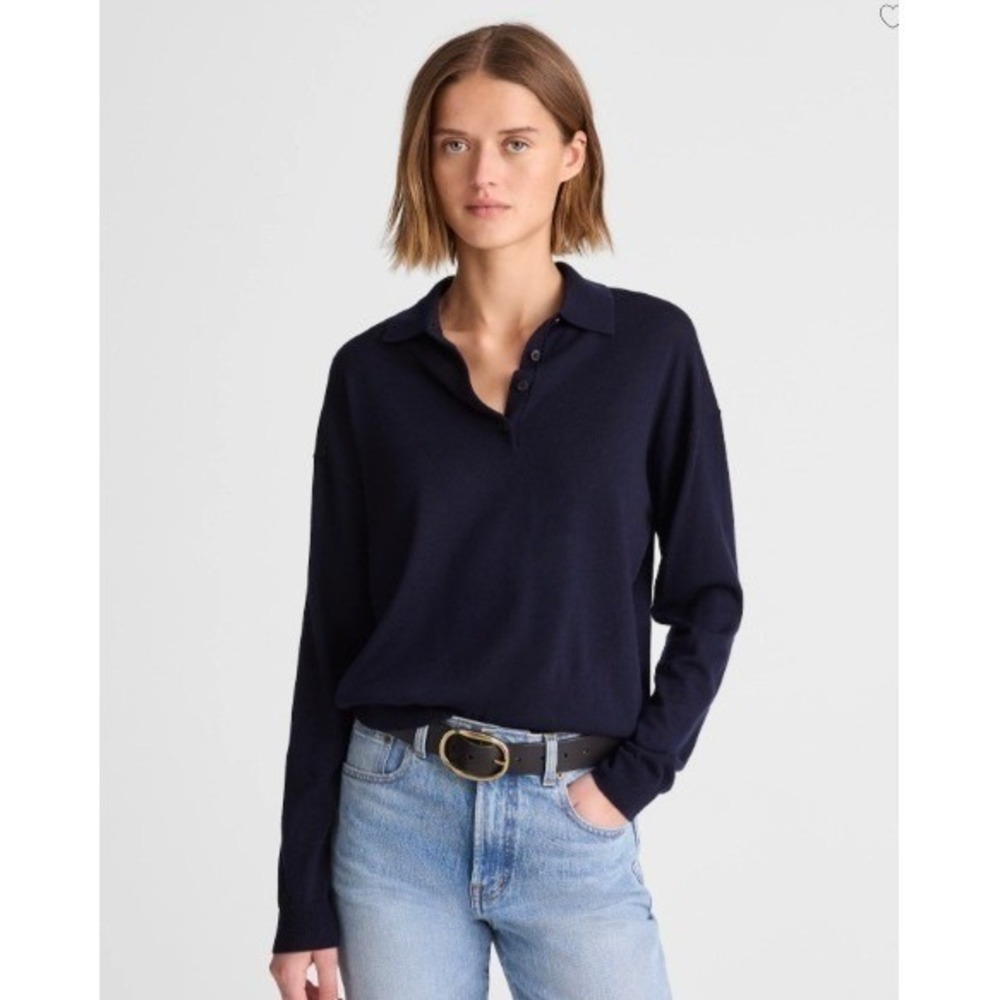 Madewell Sweater Womens XS Navy Blue Merino Wool Drop Shoulder Polo NY913